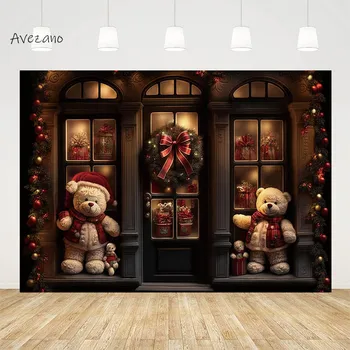 Коледен декоративен фон Avezano, Магазин за подаръци, Плюшено мече, венец на прозореца, на Фона на детска и семейна фотография, фотографско студио
