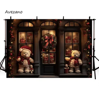 Коледен декоративен фон Avezano, Магазин за подаръци, Плюшено мече, венец на прозореца, на Фона на детска и семейна фотография, фотографско студио Изображение 2