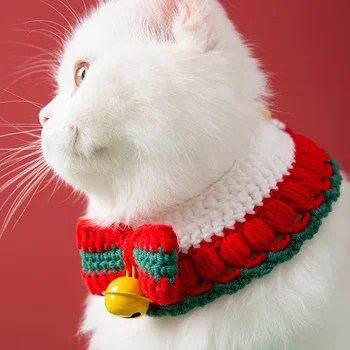 Коледен котка, Вязаный яка-лък със звънци, зоотовары, Прекрасната украса, Зимна коте, Топъл вълнен шал, Празнични подаръци Изображение 2