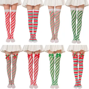 Коледни чорапи, дамски чорапогащи за партита, гамаши в ивица до коляното, гамаши над коляното с лък, чорапи над коляното, дълги чорапи над коляното