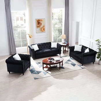 Комплект мека мебел за хол от 2 части, включително 3-местен диван и диванчик за двама, с пуговицей и меден пирон в подлокотниках и облегалката