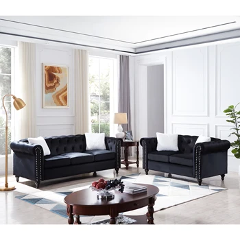 Комплект мека мебел за хол от 2 части, включително 3-местен диван и диванчик за двама, с пуговицей и меден пирон в подлокотниках и облегалката Изображение 2