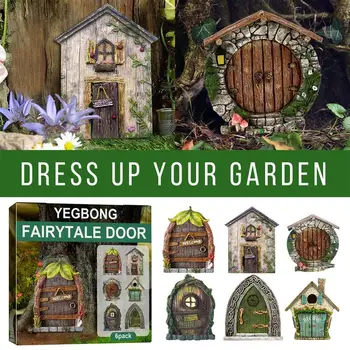 Комплект от 6 теми Фея Door, Миниатюрните Fairy Garden Door За дървета, огради, стени, детски стаи, Фигурки врати Джуджета, декор градина на открито