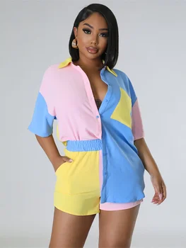 Комплекти улични шорти Colorblock за жените от два комплекта дрехи от 2 теми Летни дрехи Риза Топ Шорти Костюм Ежедневни дамски комплекти спортен костюм