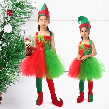 Костюм на Елф за момичета, Малък Помощник на Дядо Коледа, Коледни Елегантна рокля-пакетче с Шапка на Елф, Обувки, Чорапи, Карнавальная облекло за cosplay