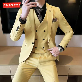 (Костюм + панталони + майк) 2023 Пролетно-есенния Нов мъжки костюм от Висок клас в британския стил, оборудвана и красив Костюм от три части