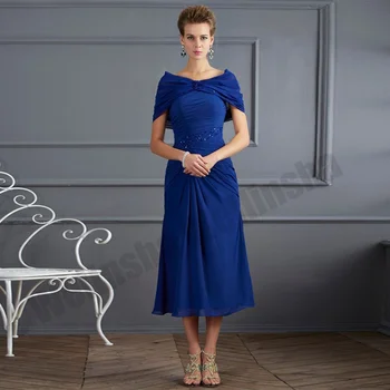 Кралско синя рокля за майката на булката с нос, расшитое мъниста, шифоновое рокля за гости трапецовидна форма чаена дължина