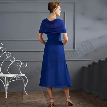 Кралско синя рокля за майката на булката с нос, расшитое мъниста, шифоновое рокля за гости трапецовидна форма чаена дължина Изображение 2