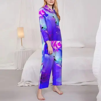 Красива пижама с флорални принтом, цъфтят Есента, Естетичен пижамный комплект големи размери, дамски пижами с дълъг ръкав, Мек дневен дизайн, нощно облекло Изображение 2