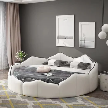 кръгло легло Модерна проста светла луксозна основна спалня и кожена голяма кръгла легло сватбена легло за двойки в хотел двойно легло