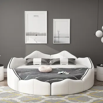 кръгло легло Модерна проста светла луксозна основна спалня и кожена голяма кръгла легло сватбена легло за двойки в хотел двойно легло Изображение 2