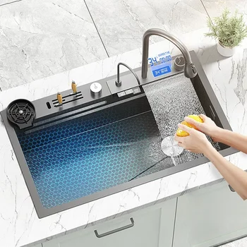 Кухненска мивка от неръждаема стомана 304, дигитален дисплей, щампована мивка с водопад, Голям однощелевой многофункционален мивка