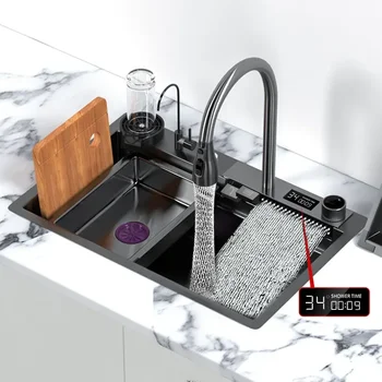 Кухненска мивка от неръждаема стомана с водопад, голям басейн с един слот, мултифункционален мивка за кухня