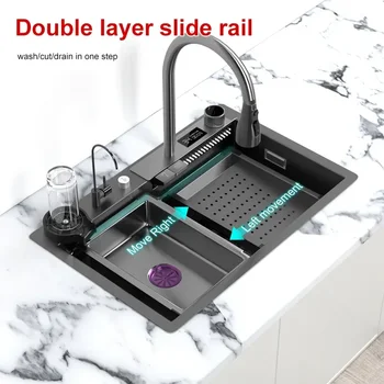 Кухненска мивка от неръждаема стомана с водопад, голям басейн с един слот, мултифункционален мивка за кухня Изображение 2