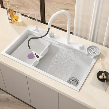 Кухненска мивка с водопад, бяла Голяма кухненска мивка с един слот от неръждаема стомана Nano 304 с водопадным смесител за кухня
