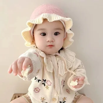 Лейси детска вязаная шапчица за момичета, момчета, деца, сладки бебешки шапки, тюрбан за новородено, обикновена шапки, подпори за детски снимки Изображение 2