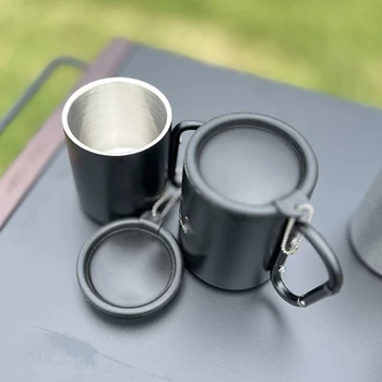 Лека метална случайна чаша, пътна чашата за кафе с капаци, външна дръжка с карабинка, чаша за туризъм, къмпинг, за пътуване Изображение 2