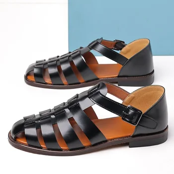 Летни Нови мъжки отворени сандали Baotou, мъжки ежедневни обувки, плажна обувки, градинска мъжки обувки на равна подметка, мъжки туристически сандали Изображение 2
