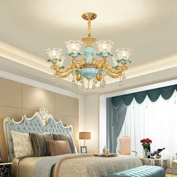 Луксозен кристален полилей K9 за всекидневната, тавана лампа, Керамични вила, спалня, трапезария, Сини лампи за украса на помещенията Изображение 2