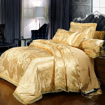 Луксозен Сатен, Жаккардовый Златен комплект спално бельо Queen European Висок клас, Елегантни дантелени комплекти спално бельо, пухени, 2 броя, Калъфка за възглавница, 1 Чаршаф