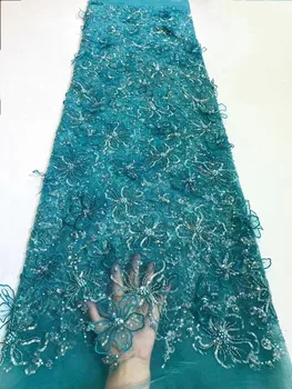 Луксозна лейси плат от мъниста 2023, Благородна Африканска бродерия на младоженеца мъниста, Нигерийски Френски 3D дантелени платове за булчински на шиене Изображение 2