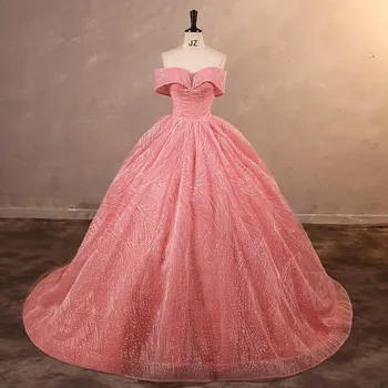 Луксозно розова вечерна рокля Луксозно Пищни рокля с пайети, Vestidos за бала, класическата бална рокля с открити рамене, реална снимка на поръчка Изображение 2