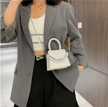 Мини-малка чанта Дамски 2023, нова мода Instagram, чанта през рамо с веригата, Малка квадратна чанта на едно рамо, Перлена чанта