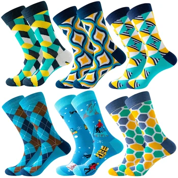 Модерен мъжки чорапи със средна дължина, 2024, есенни чорапи бизнес качество с геометричната решетка, шарените мъжки чорапи памук