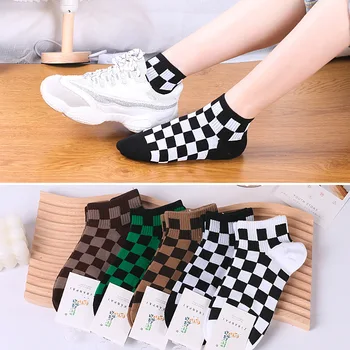 Модни дамски чорапи в разсрочено Harajuku стил в геометрична клетка с ниска тапицерия, Памучен градинска облекло в стил хип-хоп, чорапи до глезена за екипажа, Момичета Сокс