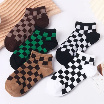Модни дамски чорапи в разсрочено Harajuku стил в геометрична клетка с ниска тапицерия, Памучен градинска облекло в стил хип-хоп, чорапи до глезена за екипажа, Момичета Сокс Изображение 2