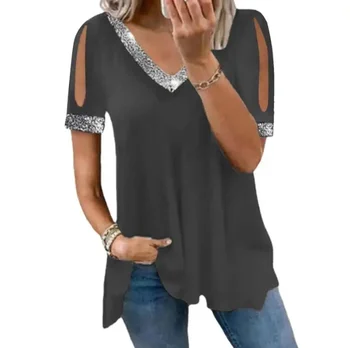 модни однотонная женска тениска с пайети. Изображение 2