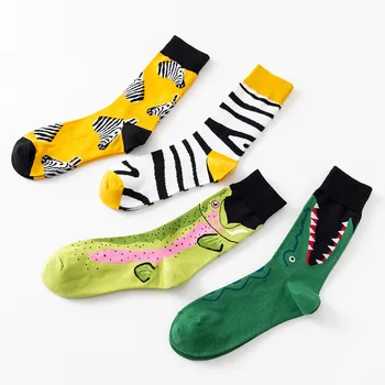 Модни цветни мъжки чорапи в лента с изображение на кон, на крокодил, животни, персонални чорапи за двойки Calcetines Mujer Meias Изображение 2