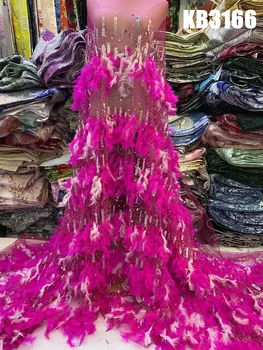 Модно ревю, кристали и дантела от пера, най-новите лейси плат с високо качество 2023 г., мятно-зелена лейси мрежа от пера, расшитая мъниста, за дългите рокли Изображение 2