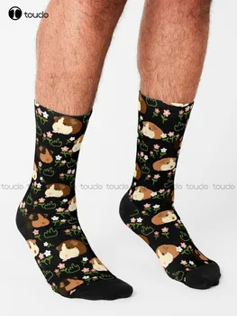 Морско свинче и цветя - Черни чорапи, Черен бейзбол Чорапи Персонализирани Мъжки Чорапи за възрастни, юноши и младежи с дигитален печат 360 ° Изображение 2