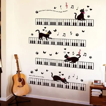 Музикални стикери за стена с изображение на котка на пиано за детски стаи, художествен фон за спални, Первази от PVC декорация на стените във формата на пеперуда