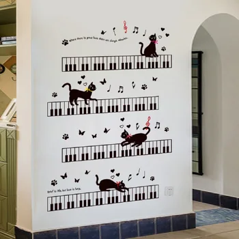 Музикални стикери за стена с изображение на котка на пиано за детски стаи, художествен фон за спални, Первази от PVC декорация на стените във формата на пеперуда Изображение 2