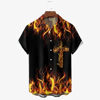 Мъжка риза 3D Flame, хавайски голям къс ръкав, ретро стил, Мода, Червен, Годишна удобни мъжки дрехи, 2023 г.
