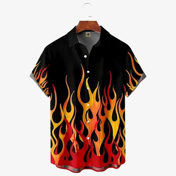 Мъжка риза 3D Flame, хавайски голям къс ръкав, ретро стил, Мода, Червен, Годишна удобни мъжки дрехи, 2023 г. Изображение 2