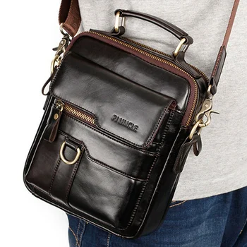 Мъжка чанта-прашка от естествена телешка кожа, многофункционални чанти за двоен цип, мъжка бизнес чанта през рамо