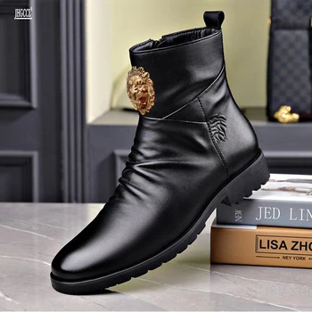 Мъжки обувки със среден и висок берцем, меки удобни ежедневни обувки от телешка кожа, модерен цип отстрани, плюс velvet комплект за краката, мъжки обувки A20