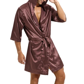 Мъжки халати за баня с качулка, свободни летни халати от сатен и коприна, пижами, пижамный халат, халат за баня, нощно кимоно, халат за баня Изображение 2