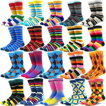 Мъжки чорапи в забавно разноцветную ивица, дамски чорапи с високо качество, забавни чорапи с клетчатым модел, памучни чорапи с геометричен дизайн в стил харадзюку, подарък