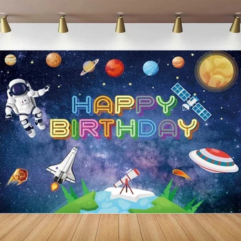 На фона на космическите снимки Банер Ракета Астронавт Фон за парти честит Рожден Ден Декор е подходящо за темата Галактика Планета