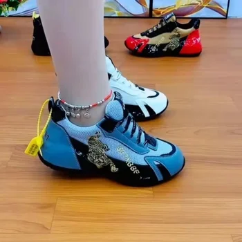 Нова дамски спортни обувки С Благоприятна Бродерия Тигър, Дишащи дамски Маратонки С ниска берцем, Подходящи по цвят Дамски Маратонки дантела Изображение 2