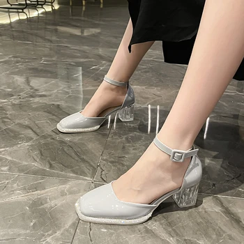 Нова елегантни дамски обувки с квадратни пръсти на дебелите токчета, украсени с пайети, Лятна мода Секси банкетная парти На високи токчета Zapatos Mujer
