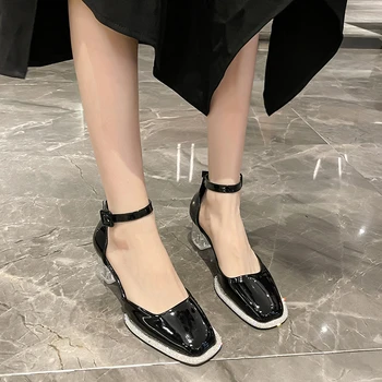 Нова елегантни дамски обувки с квадратни пръсти на дебелите токчета, украсени с пайети, Лятна мода Секси банкетная парти На високи токчета Zapatos Mujer Изображение 2