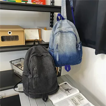 Нови дънкови Корейски ученически чанти, студентски реколта модни Дамски Мъжки раници с анимационни принтом, индивидуални, Добавете идеята, да се съхранява в хладилник своя дизайн, направи си сам Изображение 2
