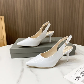 Нови модни сандали с остри пръсти, тънки високи токчета с мирис на квалификация, бели сватбени женски обувки за булката Изображение 2