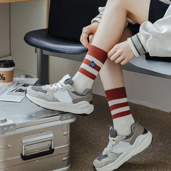 Нови Чорапи на райета с бродирани надписи, дишащи памучни Чорапи в Корейски, Японски Пролетта и есента стил, Висококачествени Ежедневни чорапи за жени Изображение 2