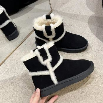 Новост 2023 г.; Зимни обувки; дамски обувки на меху от снежна вълна, топла кожа обувки; обикновена зимни къса обувки на платформа; гумена танкетка; големи размери